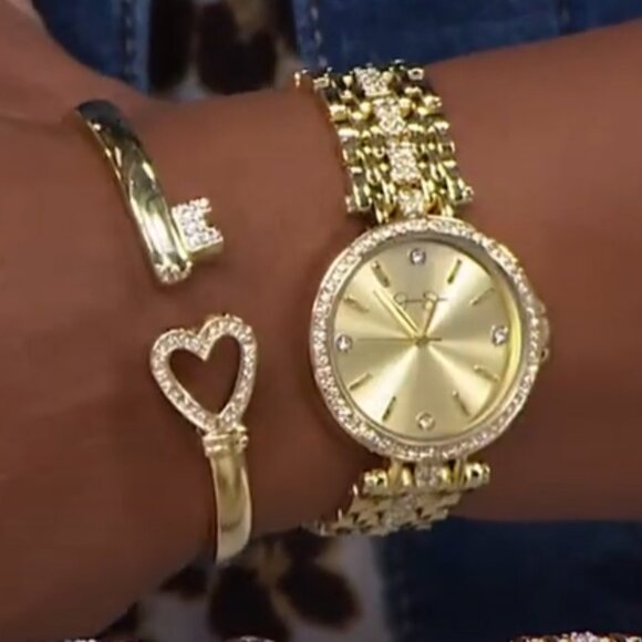NEW Jessica Simpson Crystal with Quartz Silver Watch & Heart Bangle Bracelet Set - Picture 6 of 6